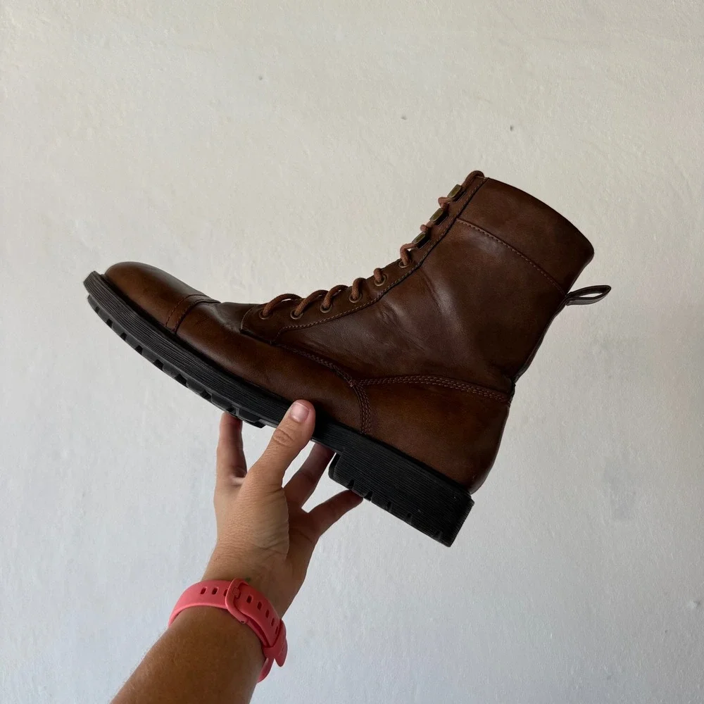 Frye & Co Kane Mens 11M Brown Combat Boots Cap Toe Lace Up Side Zip